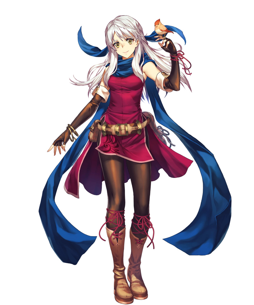 1girl belt belt_buckle belt_pouch bird bird_on_hand blue_scarf boots bracelet brown_boots brown_footwear buckle closed_mouth dress elbow_gloves female fingerless_gloves fire_emblem fire_emblem:_akatsuki_no_megami fire_emblem_heroes full_body gloves hand_up highres jewelry long_hair micaiah official_art pantyhose pouch scarf shoes side_slit silver_hair simple_background sleeveless sleeveless_dress smile solo standing transparent_background yellow_eyes