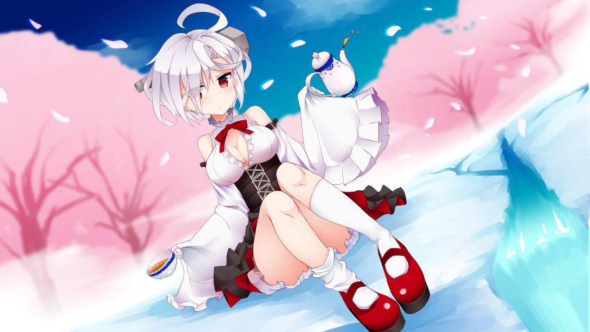 1girl ahoge azur_lane bare_shoulders bow breasts cherry_blossoms cleavage corset cup detached_sleeves eyebrows_visible_through_hair eyes_visible_through_hair hair_over_one_eye highres large_breasts looking_at_viewer mary_janes oshishio petals red_bow red_eyes red_footwear screw shoes short_hair sleeves_past_wrists socks solo tea teacup teapot terror_(azur_lane) white_hair white_legwear wide_sleeves
