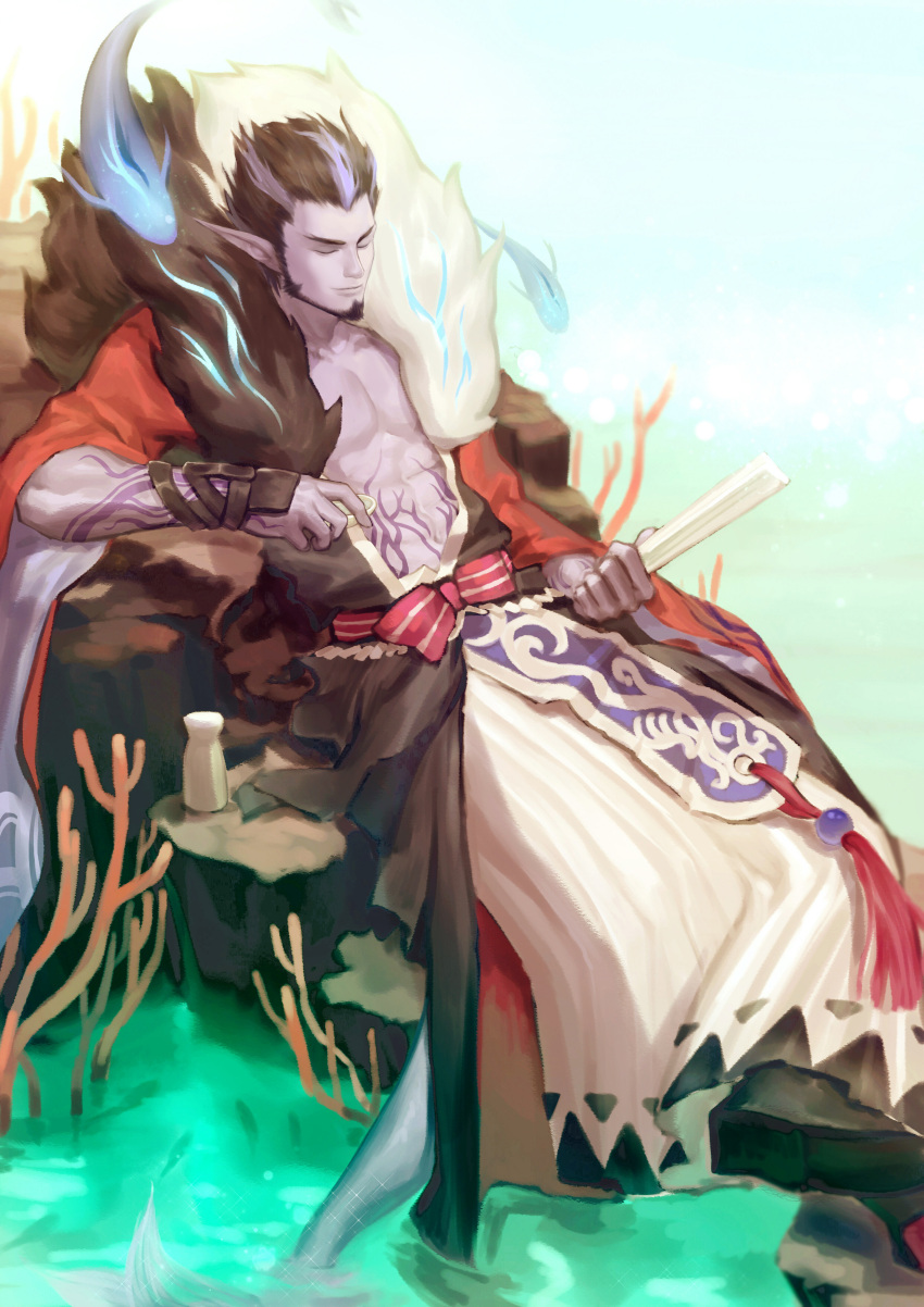 1boy absurdres bai_ma beard black_hair blue_background bottle character_request closed_eyes coral facial_hair fish gradient gradient_background highres male_focus multicolored_hair onmyoji open_clothes pointy_ears sake_bottle sitting solo tagme tattoo two-tone_hair white_hair