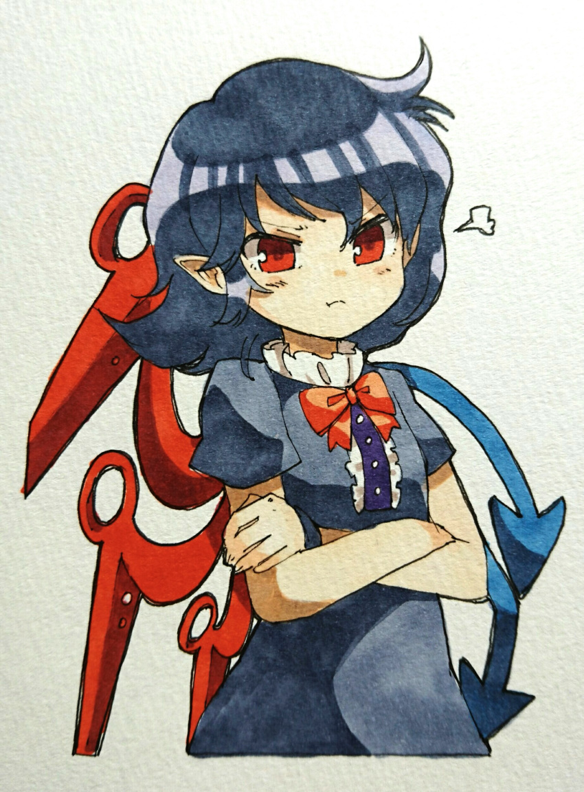 1girl :t absurdres angry asymmetrical_wings blue_dress blue_hair bow bowtie closed_mouth crossed_arms dress eyebrows_visible_through_hair highres houjuu_nue looking_at_viewer marker_(medium) pout red_eyes red_neckwear sasa_kichi short_hair short_sleeves solo touhou traditional_media v-shaped_eyebrows wings wristband