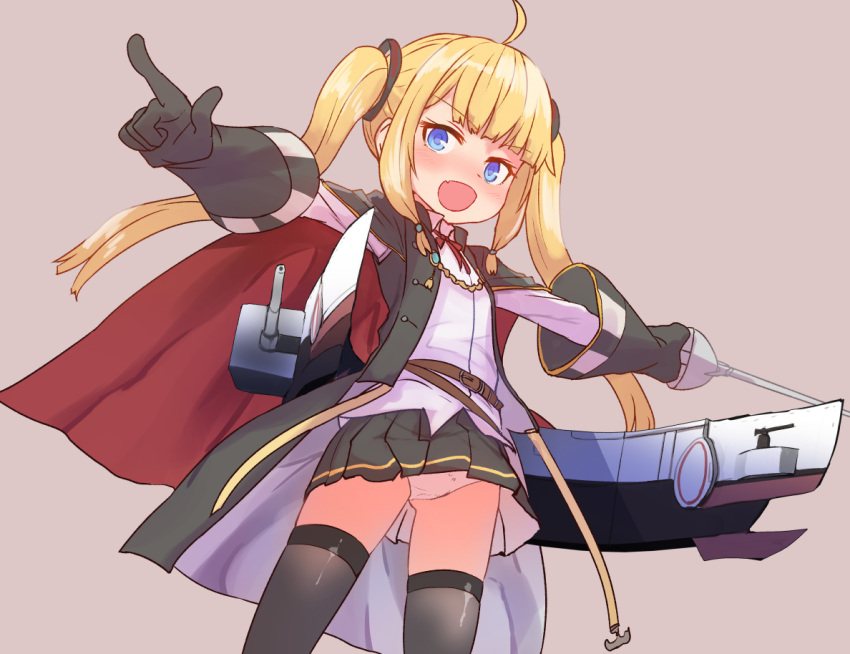 1girl :d ahoge amazon_(azur_lane) ass_visible_through_thighs azur_lane bangs belt black_gloves black_legwear black_skirt blonde_hair blue_eyes blunt_bangs blush cape commentary_request cowboy_shot eyebrows_visible_through_hair fang gloves holding holding_sword holding_weapon long_hair long_sleeves looking_at_viewer neck_ribbon open_mouth outstretched_arms panties pantyshot pantyshot_(standing) pink_background pleated_skirt pointing rapier red_cape red_ribbon ribbon shirt simple_background skirt smile solo spread_arms standing sumiyao_(amam) sword thigh-highs twintails underwear v-shaped_eyebrows weapon white_panties white_shirt