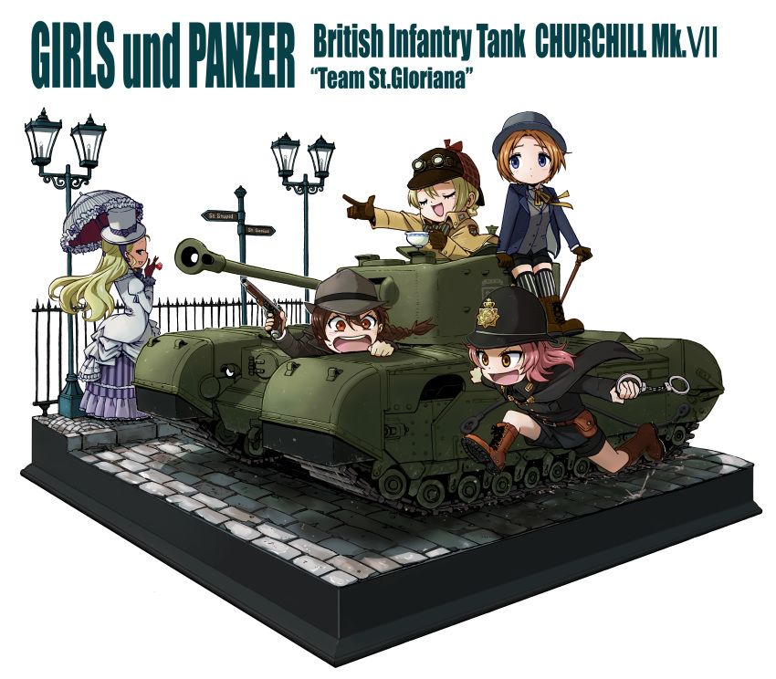 5girls :d absurdres assam black_cape black_hat black_jacket black_shorts blonde_hair blue_eyes blue_jacket boots braid brown_eyes brown_footwear brown_gloves brown_hair bucket_hat cape churchill_(tank) commentary_request copyright_name cowboy_hat cross_section cuffs cup darjeeling dress faux_figurine girls_und_panzer gloves goggles goggles_on_head ground_vehicle gun hair_between_eyes hand_up handcuffs hat helmet highres holding hone_(honehone083) jacket joke lamppost laughing long_dress long_hair long_sleeves military military_vehicle motor_vehicle multiple_girls musket neck_ribbon open_mouth orange_eyes orange_pekoe outdoors petticoat pink_hair pointing pointing_forward police police_uniform policewoman pouch red_eyes red_gloves ribbon road road_sign rosehip rukuriri running short_hair shorts sign single_braid smile standing street striped striped_legwear tank teacup thigh-highs uniform walking_stick weapon white_dress yellow_jacket yellow_ribbon
