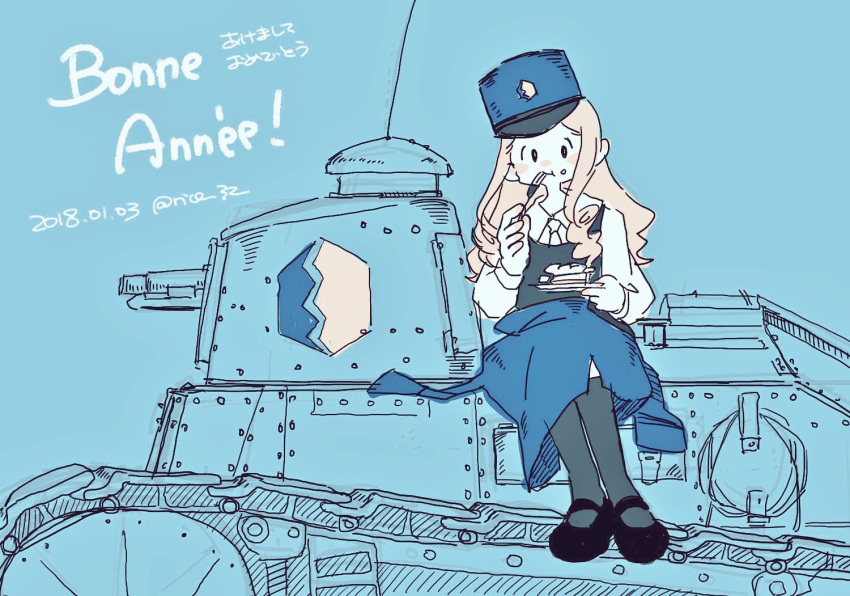 1girl 2018 :t bc_freedom_(emblem) bc_freedom_military_uniform blonde_hair blue_background character_request dated eating food food_on_face fork_in_mouth french girls_und_panzer girls_und_panzer_saishuushou hat kneehighs long_hair necktie shima_(rice_32) sketch solo translation_request twitter_username vehicle_request