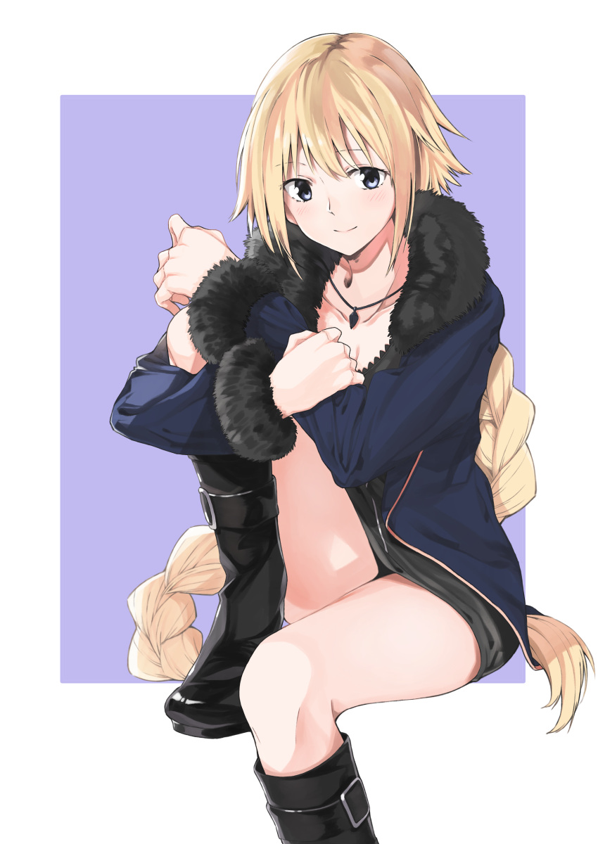 1girl absurdres amu_(258shin) bangs black_footwear black_shirt blonde_hair blue_eyes blue_jacket blush boots braid commentary_request eyebrows_visible_through_hair fate/apocrypha fate_(series) fur-trimmed_jacket fur-trimmed_sleeves fur_trim highres jacket jeanne_d'arc_(fate) jeanne_d'arc_(fate)_(all) jewelry knee_up leg_hug long_hair looking_at_viewer necklace open_clothes open_jacket outside_border purple_background shirt simple_background single_braid sitting solo very_long_hair white_background