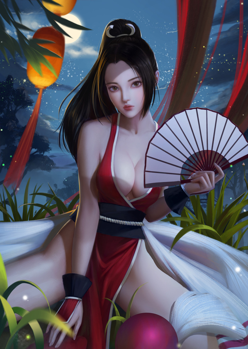 1girl breasts brown_eyes brown_hair cleavage eyelashes fan folding_fan forehead hair_ribbon high_ponytail highres large_breasts lips long_hair looking_at_viewer night ninja nose obi qianyu_mo realistic revealing_clothes ribbon sash shiranui_mai solo the_king_of_fighters thighs