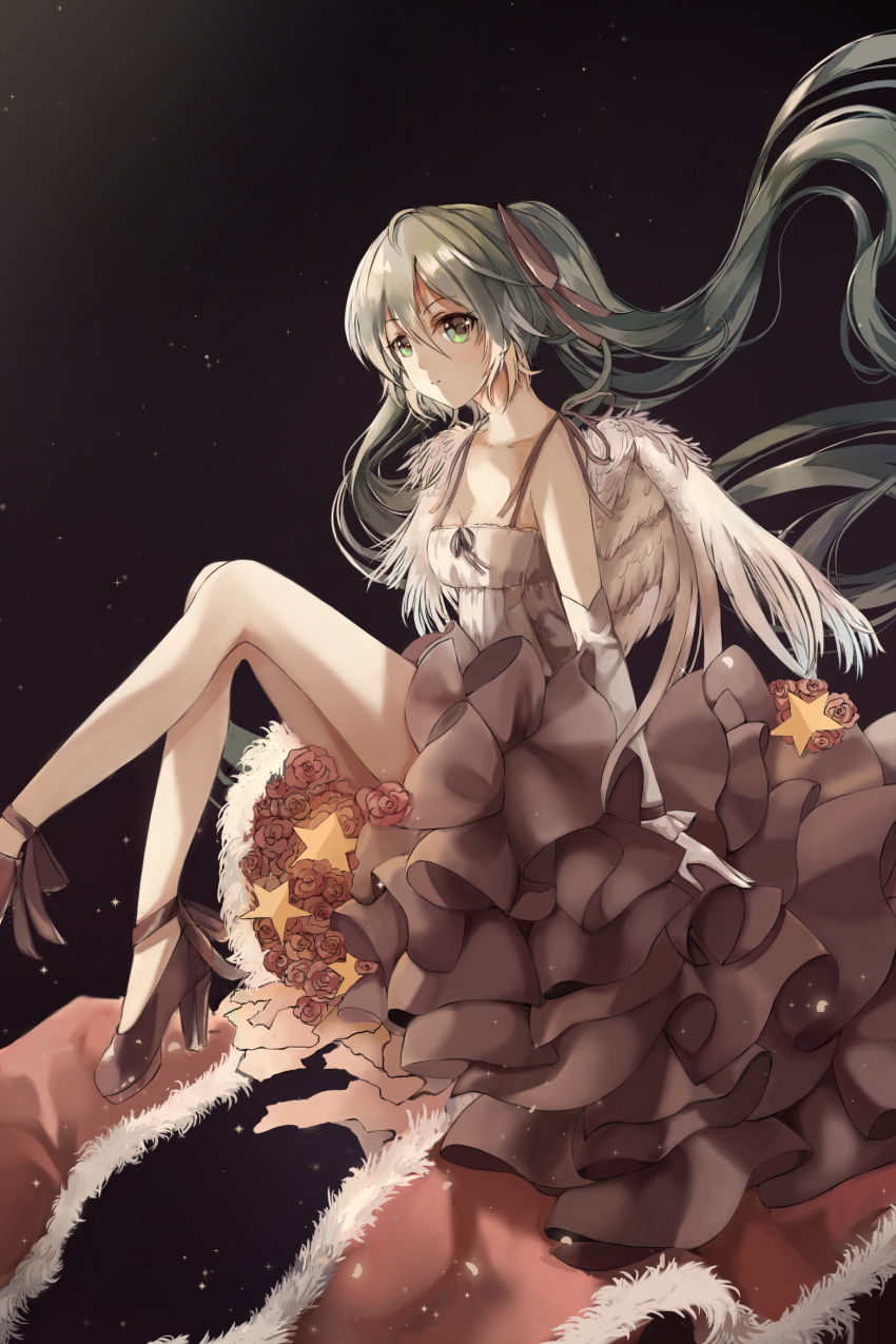1girl absurdly_long_hair blue_hair breasts closed_mouth collarbone dress elbow_gloves eyebrows_visible_through_hair gloves green_eyes hair_ribbon hatsune_miku high_heels highres long_hair looking_at_viewer medium_breasts night night_sky red_ribbon ribbon sepia sky smile solo star_(sky) starry_sky twintails very_long_hair vocaloid white_dress white_gloves wings z_z