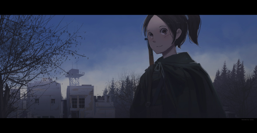 1girl absurdres black_hair blue_background building cloak closed_mouth commentary_request faiz_azhar forest highres letterboxed looking_at_viewer nature original outdoors ponytail short_hair simple_background smile solo tower tree twilight