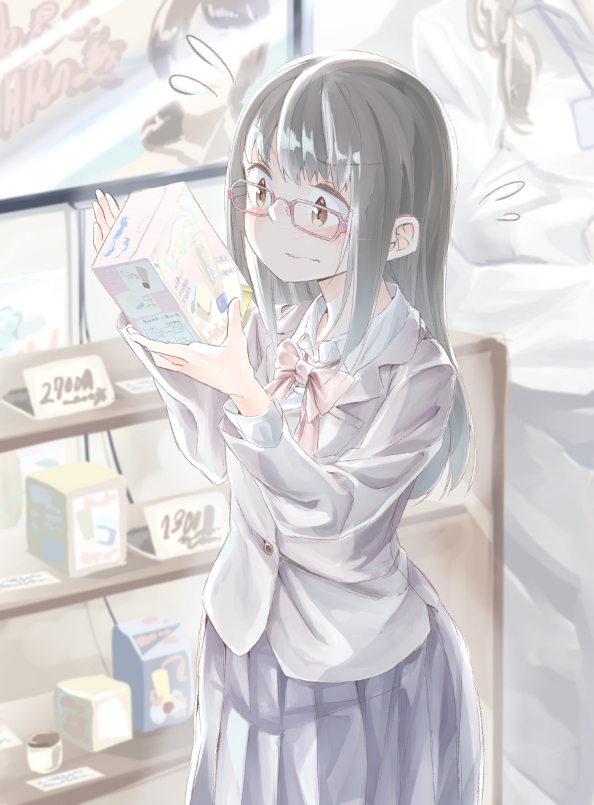 12_graka black_hair black_skirt blurry blurry_background blush box brown_eyes highres inside original pink-framed_eyewear shelf skirt solo standing sweatdrop uniform