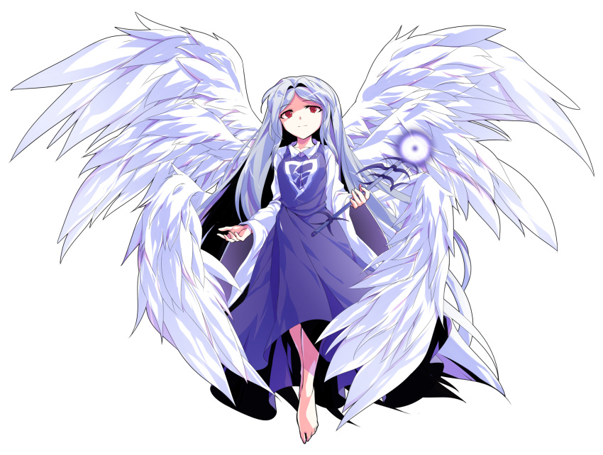 1girl alphes_(style) angel angel_wings bangs bare_legs barefoot blue_hair breasts closed_mouth collarbone collared_shirt dairi dress eyebrows eyebrows_visible_through_hair feathered_wings feathers full_body hair_intakes highres holding left-handed long_hair long_sleeves multiple_wings parody parted_bangs purple_dress red_eyes sariel scepter seraph shirt simple_background small_breasts smile solo style_parody touhou touhou_(pc-98) transparent_background undershirt white_wings wide_sleeves wings