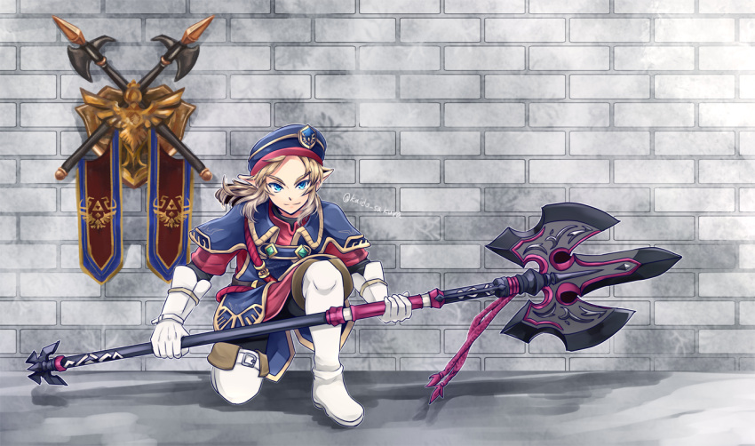 1boy blonde_hair blue_eyes gloves hat kaidou_mitsuki link looking_at_viewer male_focus military military_hat military_uniform pointy_ears polearm smile solo spear the_legend_of_zelda the_legend_of_zelda:_breath_of_the_wild uniform weapon
