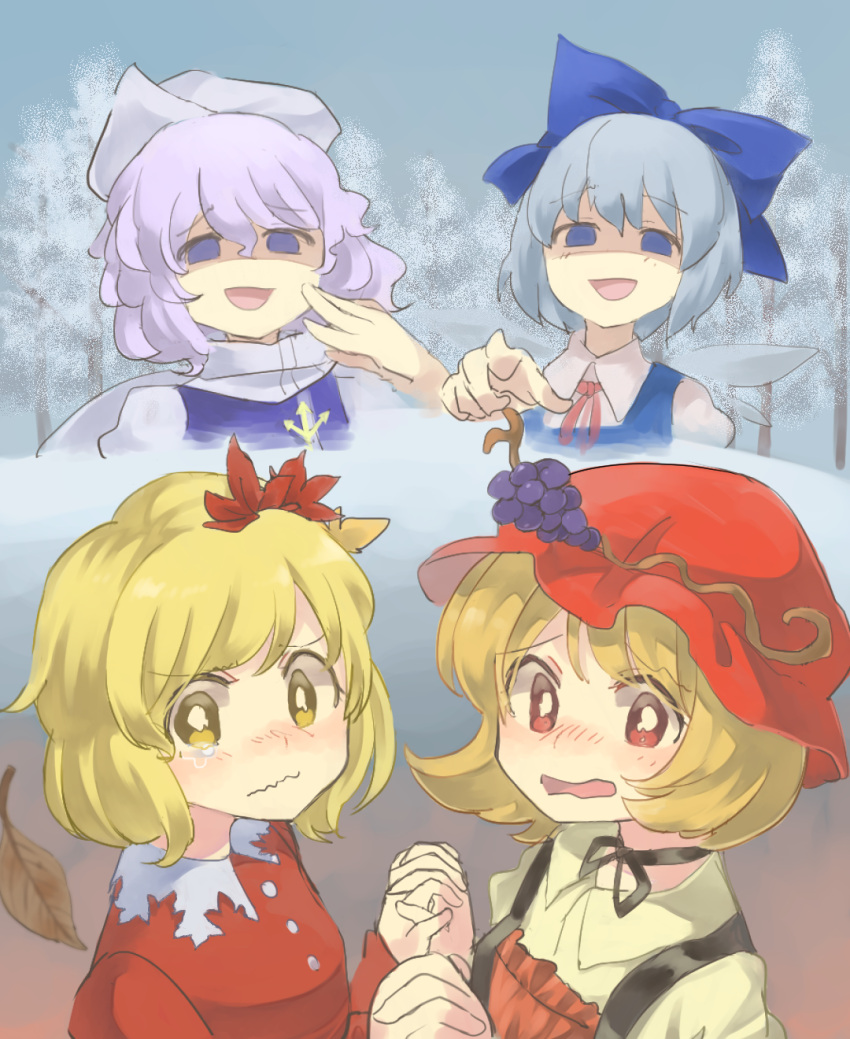 4girls aki_minoriko aki_shizuha autumn_leaves bangs blonde_hair blue_dress blue_eyes blue_hair blush bow choker cirno collared_shirt day dress forest grey_sky hair_between_eyes hair_bow hair_ornament hand_holding hat hat_ornament highres interlocked_fingers laughing lavender_hair leaf leaf_hair_ornament letty_whiterock long_sleeves looking_at_viewer mob_cap multiple_girls nature nose_blush open_mouth pointing polearm red_dress red_eyes ribbon ribbon_choker sasa_kichi scarf shaded_face shirt short_hair siblings sisters snow tearing_up touhou trident troll_face watery_eyes wavy_mouth weapon white_scarf white_shirt yellow_eyes yellow_shirt