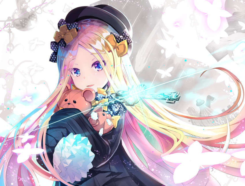 2girls abigail_williams_(fate/grand_order) bangs black_bow black_dress black_hat blonde_hair blue_eyes bow butterfly commentary_request cross dress eyebrows_visible_through_hair fate/grand_order fate_(series) forehead glint hair_bow hat head_tilt highres horn key lavinia_whateley_(fate/grand_order) long_hair long_sleeves looking_at_viewer multiple_girls object_hug orange_bow parted_bangs parted_lips print_bow sho_(runatic_moon) sleeves_past_wrists smile solo_focus star star_print stuffed_animal stuffed_toy teddy_bear very_long_hair