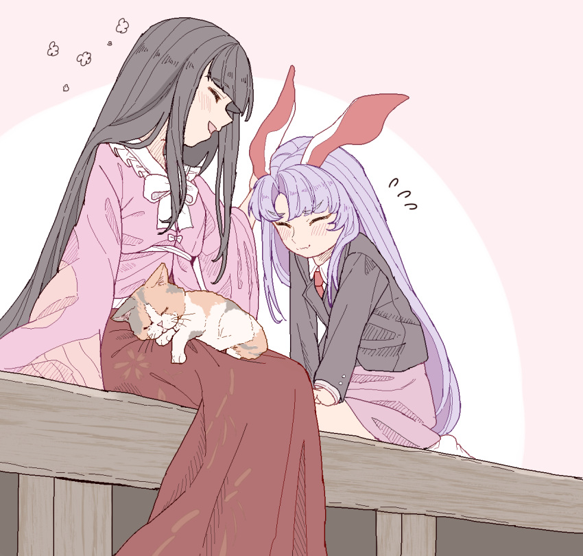 2girls animal animal_ears black_hair blazer cat closed_eyes flying_sweatdrops hime_cut houraisan_kaguya jacket japanese_clothes kimono long_hair long_skirt long_sleeves miniskirt multiple_girls necktie outdoors petting pink_kimono pink_skirt purple_hair rabbit_ears red_neckwear red_skirt reisen_udongein_inaba satomachi seiza sitting skirt smile touhou very_long_hair wide_sleeves