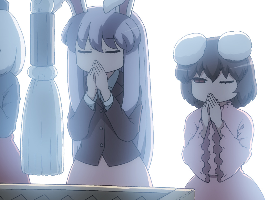 3girls animal_ears blazer brown_hair closed_eyes commentary_request dress eyebrows_visible_through_hair inaba_tewi jacket long_hair long_sleeves multiple_girls one_eye_closed own_hands_together pink_dress pink_skirt praying purple_hair rabbit_ears red_eyes reisen_udongein_inaba shirosato short_hair simple_background skirt touhou very_long_hair white_background white_hair wide_sleeves yagokoro_eirin