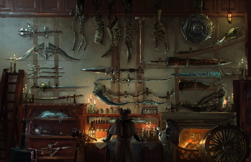 1boy blades_of_mercy bloodborne bow_(weapon) candle fireplace gloves hat highres hunter_(bloodborne) ishutani katana lamp rakuyo_(bloodborne) saw_cleaver scythe souls_(from_software) sword table threaded_cane weapon whirligig workshop