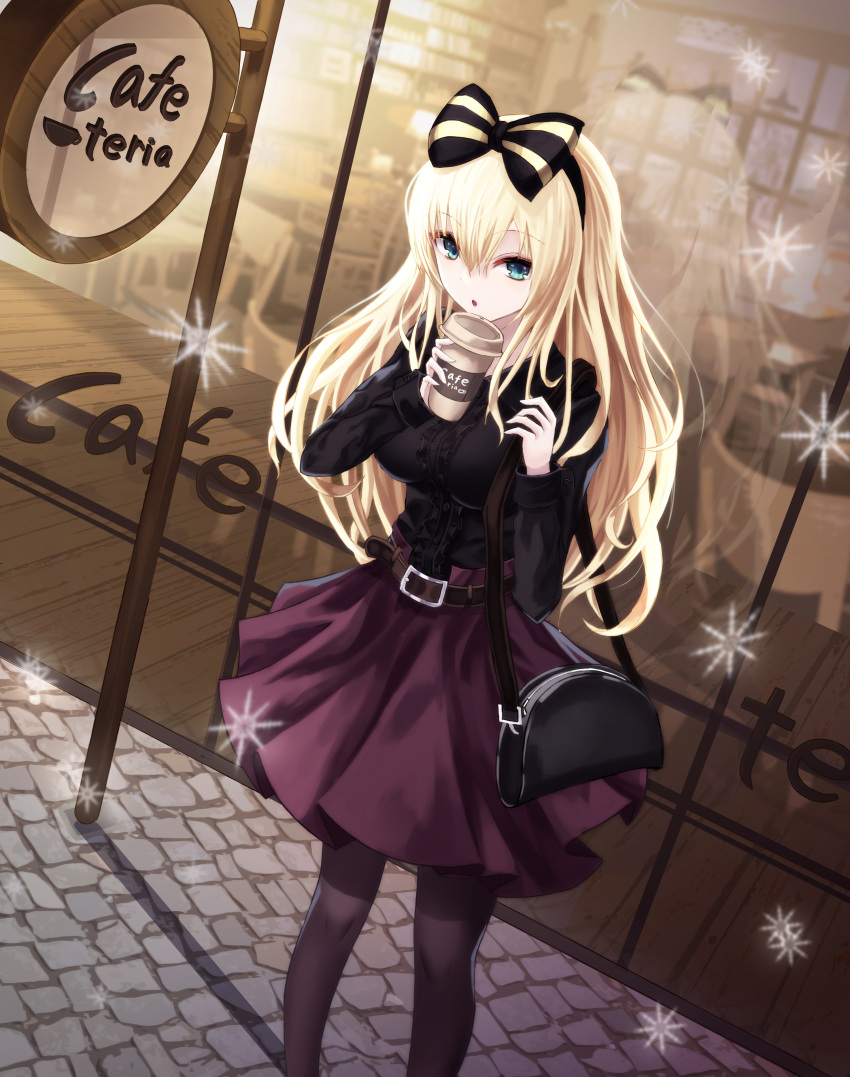 1girl :o absurdres bag bangs belt black_legwear blonde_hair blue_eyes bow buckle center_frills cup6542 hair_between_eyes hair_bow handbag highres holding long_hair long_sleeves looking_at_viewer open_mouth original outdoors pantyhose restaurant shoulder_bag skirt snowflakes solo standing sweater