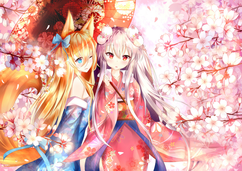 2girls alternate_costume alternate_hairstyle animal_ears arm_at_side arrow bangs bare_shoulders blonde_hair blue_bow blue_eyes blue_kimono blue_ribbon blush bow breasts cherry_blossoms collarbone detached_sleeves eyebrows_visible_through_hair floating_hair floral_print flower fox_ears fox_tail fur-trimmed_kimono fur_trim g41_(girls_frontline) girls_frontline hair_between_eyes hair_bow hair_flower hair_ornament hair_ribbon heterochromia highres holding holding_umbrella japanese_clothes kar98k_(girls_frontline) kimono long_hair long_sleeves looking_at_viewer medium_breasts multiple_girls obi off_shoulder one_eye_closed open_mouth oriental_umbrella outdoors pink_kimono red_eyes ribbon sash sleeves_past_wrists small_breasts smile tail umbrella very_long_hair white_hair wide_sleeves wind wind_lift yoko_(yang-tzu)