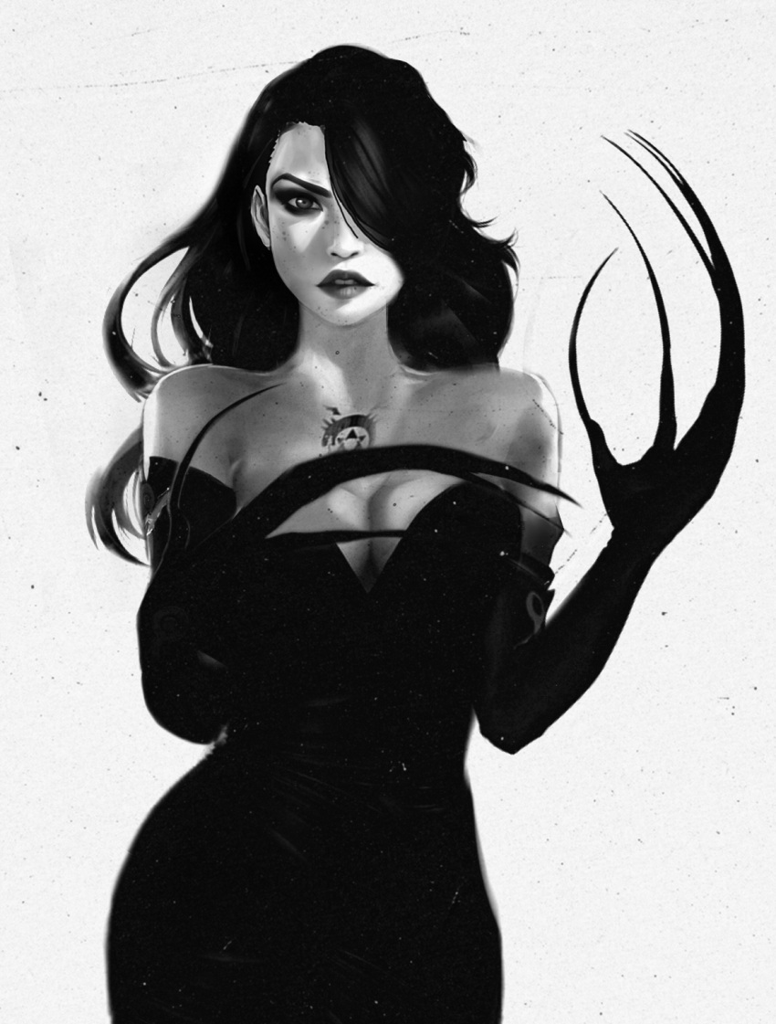 1girl black_dress black_hair breasts chest_tattoo cleavage cowboy_shot dress elbow_gloves eyebrows fingernails fullmetal_alchemist gloves hair_over_one_eye highres large_breasts lips long_fingernails long_hair lust makeup miawrly monochrome ouroboros simple_background solo tattoo white_background