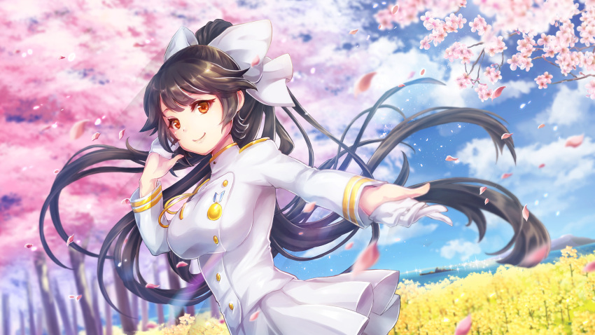 1girl azur_lane black_hair bow breasts brown_eyes cherry_blossoms commentary_request eriko eyebrows_visible_through_hair flower gloves hair_bow hair_flaps hair_ribbon halterneck highres large_breasts long_hair long_sleeves looking_at_viewer military military_uniform outdoors petals ponytail ribbon skirt smile solo takao_(azur_lane) tree uniform very_long_hair white_gloves white_ribbon white_skirt