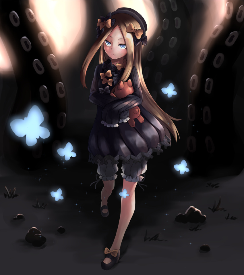 1girl abigail_williams_(fate/grand_order) bangs black_bow black_dress black_footwear black_hat blonde_hair bloomers blue_eyes bow butterfly commentary_request dress eyebrows_visible_through_hair fate/grand_order fate_(series) forehead frown hair_bow hat highres long_hair long_sleeves looking_at_viewer mary_janes miya_(pixiv15283026) object_hug orange_bow parted_bangs polka_dot polka_dot_bow shoes sleeves_past_wrists solo standing standing_on_one_leg stone stuffed_animal stuffed_toy suction_cups teddy_bear tentacle underwear very_long_hair white_bloomers