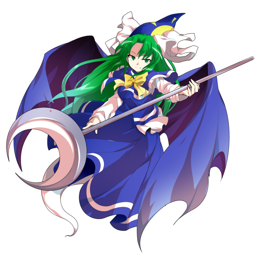 1girl alphes_(style) blue_capelet blue_hat blue_shirt blue_skirt bow bowtie breasts capelet closed_mouth crescent crescent_moon dairi demon_wings eyebrows eyebrows_visible_through_hair facing_away full_body ghost_tail green_eyes green_hair hair_intakes hat highres holding holding_staff long_hair long_skirt long_sleeves looking_at_viewer medium_breasts mima moon parody shirt simple_background skirt skirt_set smile solo staff style_parody sun touhou touhou_(pc-98) transparent_background undershirt white_shirt wings wizard_hat yellow_bow yellow_neckwear