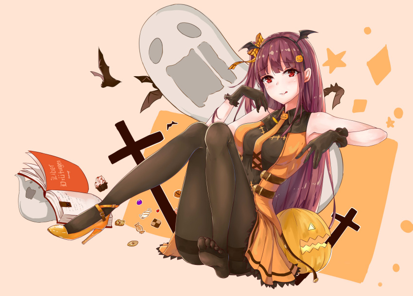 1girl :q alternate_costume armpits bangs bare_shoulders bat bat_hair_ornament belt black_gloves black_legwear blunt_bangs blush book bow breasts candy chocolate chocolate_hair cross cupcake dress elbow_rest eyebrows eyebrows_visible_through_hair food food_themed_hair_ornament full_body ghost girls_frontline gloves hair_bow hair_ornament hair_ribbon half_updo halloween halloween_costume hand_up head_tilt high_heels highres knees_together_feet_apart leaning_on_object long_hair looking_at_viewer medium_breasts navel necktie open_book orange_footwear pantyhose pumpkin pumpkin_hair_ornament purple_hair red_eyes ribbon shoes single_shoe sitting smile soles solo standing tongue tongue_out very_long_hair wa2000_(girls_frontline) zidong_fanmai_jii_o3