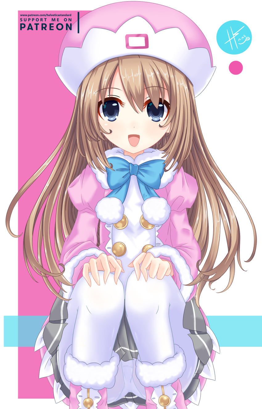 1girl :d blue_eyes blue_neckwear boots bow bowtie brown_hair double-breasted fur_trim grey_skirt hat helvetica_5tandard highres jacket long_hair looking_at_viewer neptune_(series) open_mouth panties panties_under_pantyhose pantyhose pink_jacket ram_(choujigen_game_neptune) skirt smile solo squatting underwear white_legwear