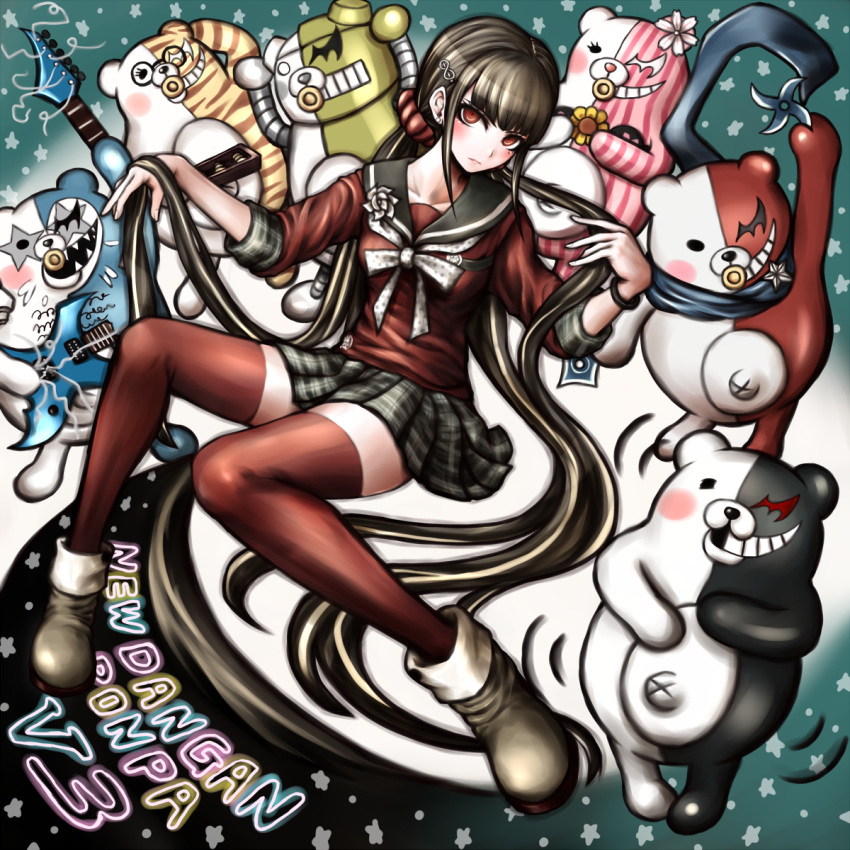 1girl black_hair dangan_ronpa hair_ornament hairclip harukawa_maki highres jewelry komatsuzaki_rui_(style) long_hair looking_at_viewer mole mole_under_eye monodam monofunny monokid monokuma monosuke monotarou_(dangan_ronpa) new_dangan_ronpa_v3 oyume plaid plaid_skirt pleated_skirt red_eyes red_legwear school_uniform scrunchie serafuku sitting skirt thigh-highs twintails very_long_hair