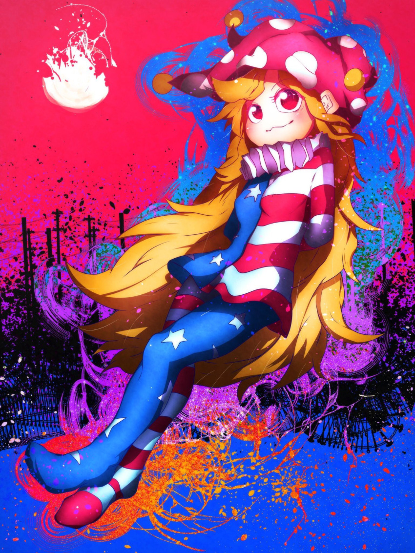 1girl :3 american_flag_dress american_flag_legwear arms_behind_back bad_id bad_twitter_id blonde_hair breasts closed_mouth clownpiece dress full_body hat highres jester_cap long_hair looking_at_viewer niwarizumu pantyhose polka_dot red_eyes short_dress small_breasts smile solo star star_print striped touhou very_long_hair
