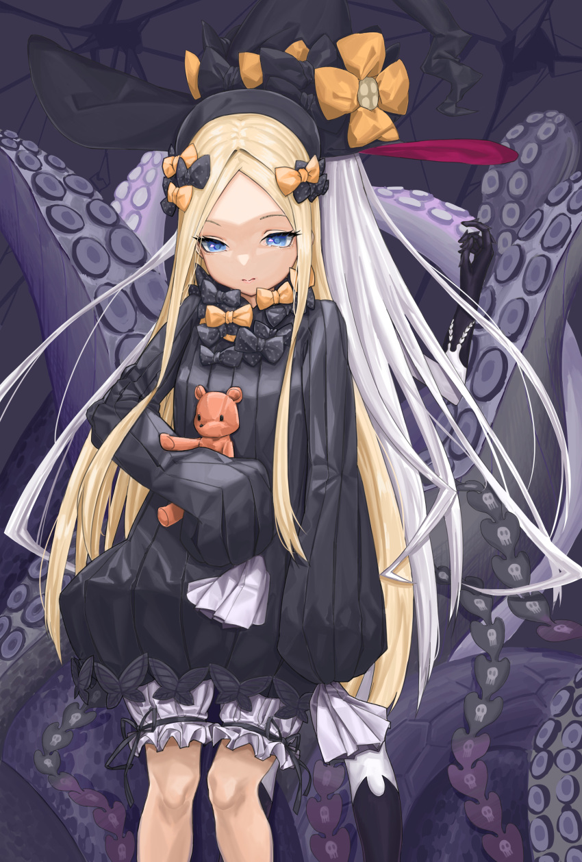 2girls abigail_williams_(fate/grand_order) absurdres back-to-back bangs black_bow black_dress black_gloves black_hat blonde_hair bloomers blue_eyes bow butterfly closed_mouth commentary_request dress dual_persona elbow_gloves fate/grand_order fate_(series) forehead gloves hair_bow hat hat_bow highres long_hair long_sleeves looking_down multiple_girls object_hug orange_bow pale_skin parted_bangs polka_dot polka_dot_bow skss sleeves_past_wrists stuffed_animal stuffed_toy suction_cups teddy_bear tentacle underwear very_long_hair white_bloomers white_hair witch_hat