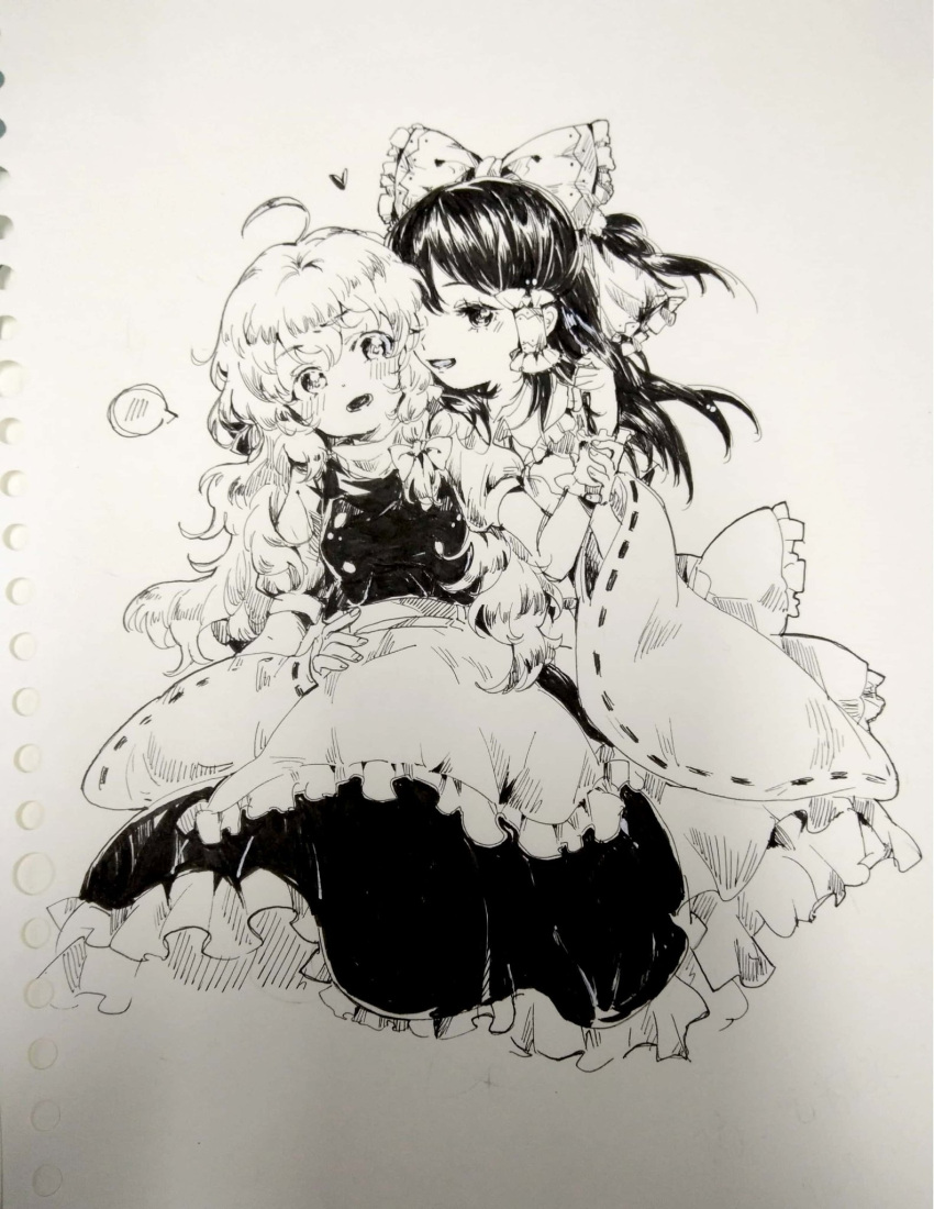 2girls :d ;d ahoge apron blouse blush bow cheek-to-cheek detached_sleeves dress hair_bow hair_tubes hakurei_reimu heart highres kirisame_marisa large_bow messy_hair monochrome multiple_girls no_hat no_headwear one_eye_closed open_mouth sitting skirt slimesushi smile spoken_blush touhou traditional_media vest waist_apron wavy_hair wide_sleeves wrist_grab yuri