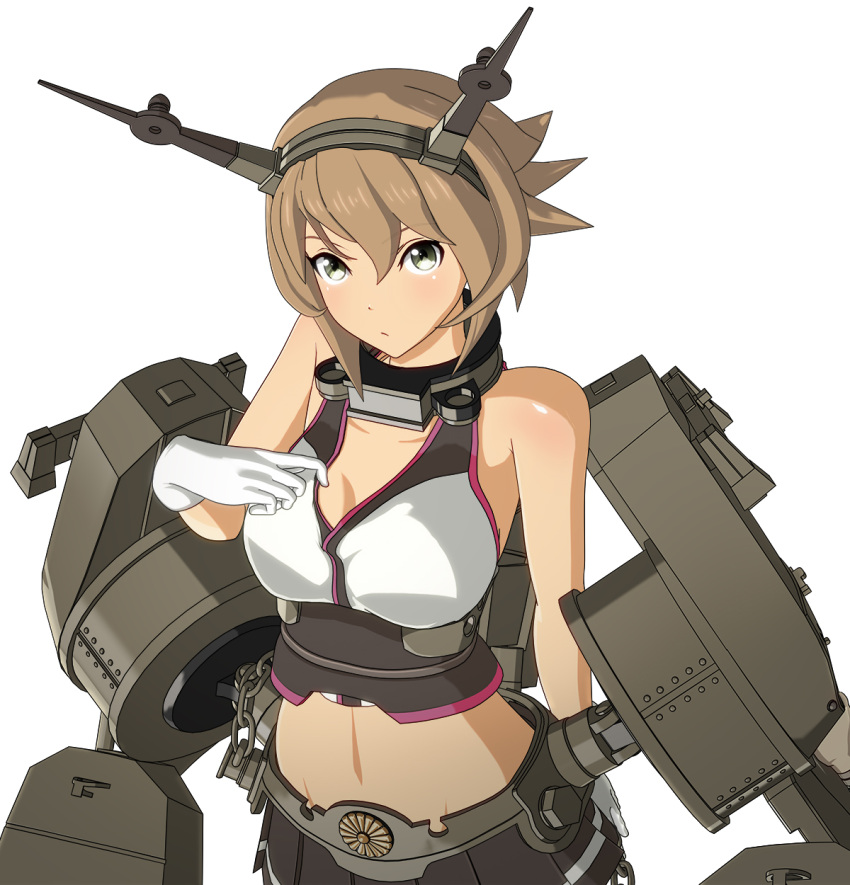 1girl 3d arm_behind_back bangs bare_shoulders black_skirt blush breasts brown_hair cleavage closed_mouth collar collarbone flipped_hair gloves green_eyes hair_between_eyes headgear highres kantai_collection large_breasts looking_at_viewer midriff mutsu_(kantai_collection) navel pleated_skirt ponpu-chou rigging short_hair simple_background skirt smokestack solo turret upper_body white_background white_gloves