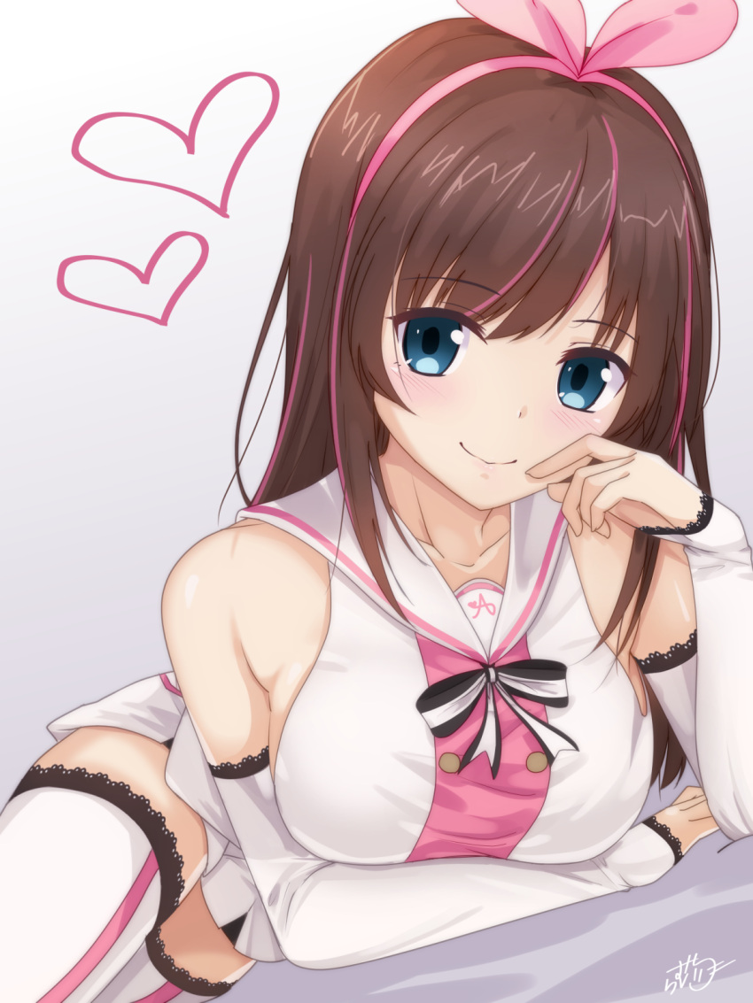 1girl a.i._channel arm_support artist_name blue_eyes blush breasts brown_hair collarbone detached_sleeves elbow_gloves gloves heart highres kizuna_ai lace-trimmed_legwear long_hair looking_at_viewer medium_breasts multicolored_hair pink_hair ramchi sideboob sidelocks smile thigh-highs two-tone_hair white_background youtube