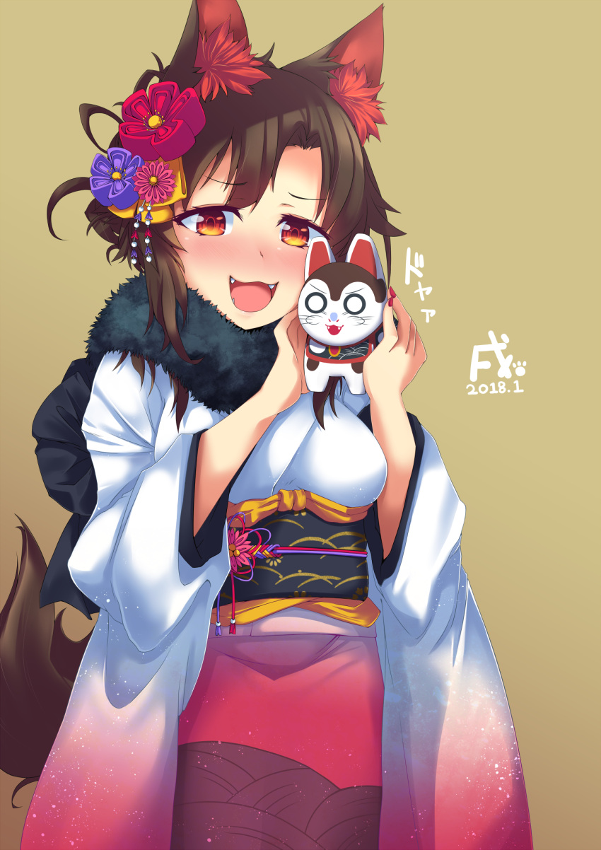 1girl 2018 alternate_costume animal_ears beige_background blush breasts brown_hair dated fangs flower fur_collar hair_flower hair_ornament hands_up highres holding imaizumi_kagerou japanese_clothes kimono konata_gazel looking_at_viewer medium_breasts nail_polish nose_blush open_mouth red_eyes red_nails smile solo tail touhou wide_sleeves wolf_ears wolf_tail