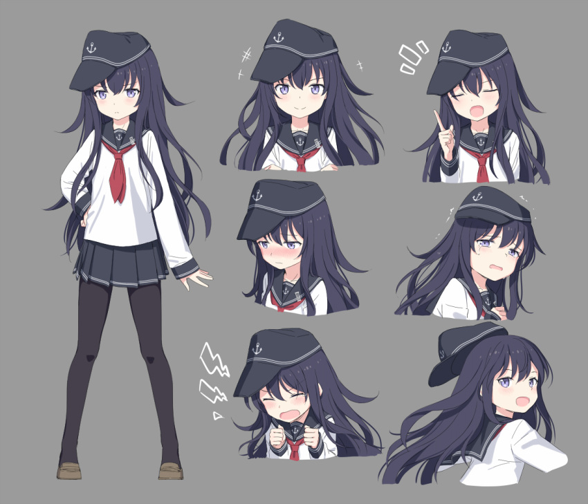 1girl akatsuki_(kantai_collection) anchor anchor_symbol badge black_legwear cnm expressions flat_cap full_body hat kantai_collection long_hair neckerchief open_mouth pantyhose purple_hair school_uniform serafuku simple_background solo violet_eyes