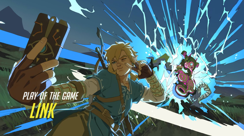 1boy absurdres blonde_hair blue_eyes bow_(weapon) brown_gloves d.va_(overwatch) duckface explosion fingerless_gloves gloves guardian_(breath_of_the_wild) highres jane_bak link one_eye_closed overwatch parody play_of_the_game pointy_ears self_shot sheikah_slate solo_focus sword_behind_back the_legend_of_zelda the_legend_of_zelda:_breath_of_the_wild tunic v_over_eye weapon weapon_on_back