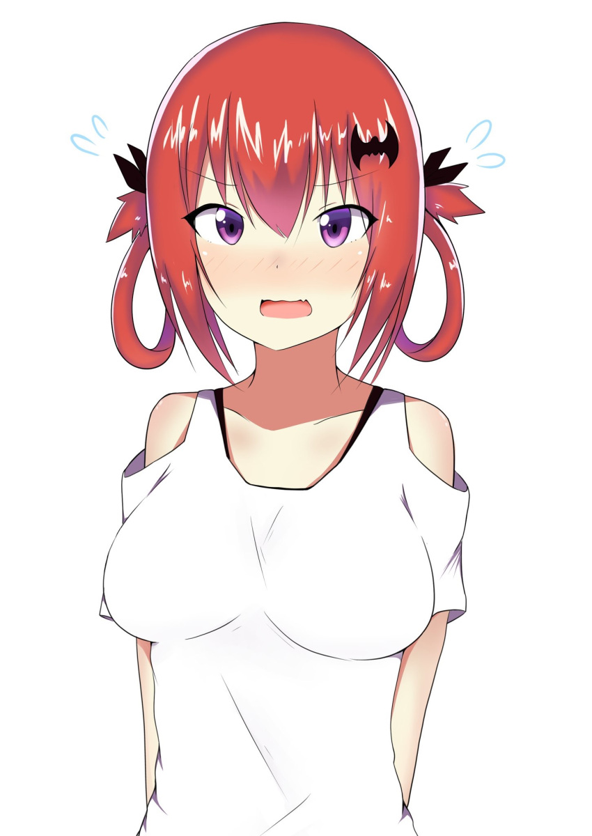 1girl arms_behind_back bare_shoulders bat_hair_ornament blush bra_strap breasts commentary_request fang flying_sweatdrops gabriel_dropout hair_ornament hair_ribbon hair_rings highres kurumizawa_satanichia_mcdowell looking_at_viewer medium_breasts open_mouth redhead ribbon shirt shoulder_cutout solo takanashi_karuta upper_body violet_eyes wavy_mouth white_background white_shirt