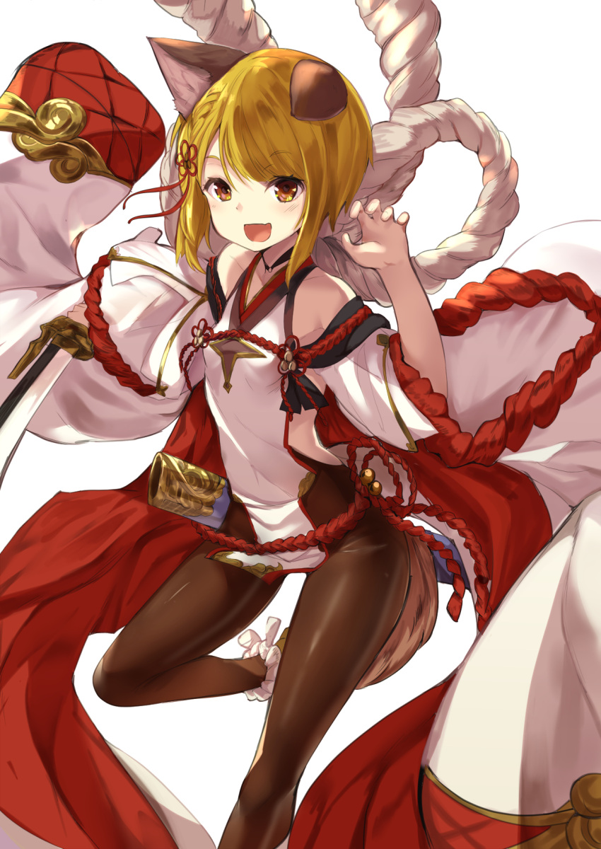 1girl animal_ears arched_back bangs bare_shoulders black_legwear blonde_hair blush braid breasts brown_eyes claw_pose commentary_request detached_sleeves dog_ears dog_tail erun_(granblue_fantasy) eyebrows_visible_through_hair granblue_fantasy haik hair_ornament highres holding holding_sword holding_weapon japanese_clothes katana looking_at_viewer open_mouth pantyhose rope sheath shimenawa short_hair simple_background small_breasts smile solo standing standing_on_one_leg sword tail unsheathed vajra_(granblue_fantasy) weapon white_background wide_sleeves