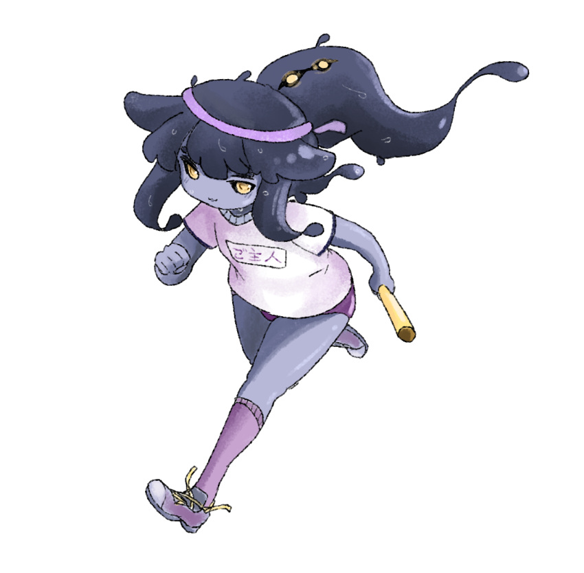 1girl bangs black_sclera blue_skin boots buruma commentary full_body gym_uniform holding knee_boots latenight long_hair looking_at_viewer monster_girl monster_girl_encyclopedia name_tag purple_hair purple_legwear relay_baton running shirt shoggoth_(monster_girl_encyclopedia) short_sleeves smile solo sweat tentacle_hair transparent_background white_shirt yellow_eyes