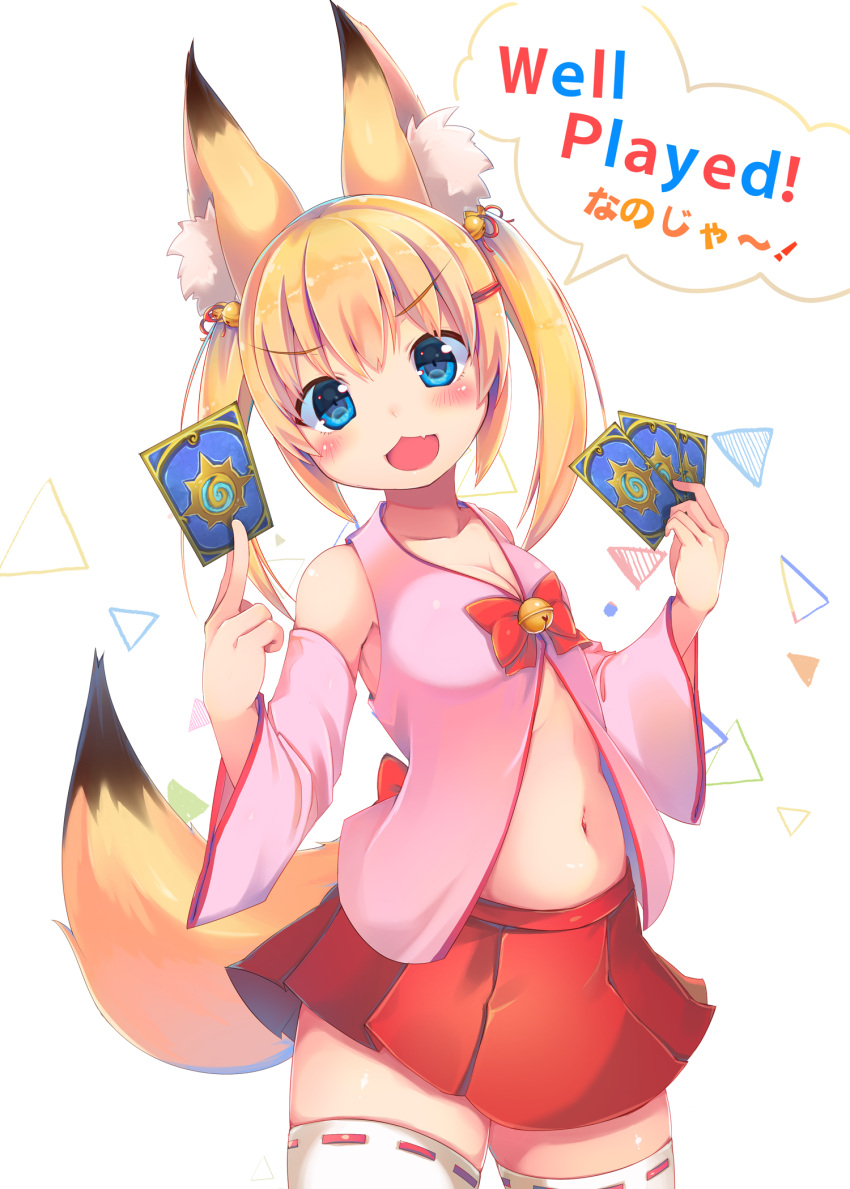 1girl airmisuzu animal_ears bangs bare_shoulders bell between_fingers blonde_hair blue_eyes blush bow breasts card cleavage collarbone cowboy_shot detached_sleeves english eyebrows eyebrows_visible_through_hair facing_away fang fox_ears fox_tail hair_bell hair_between_eyes hair_ornament hair_ribbon hairclip head_tilt hearthstone highres holding holding_card jingle_bell kemomimi_vr_channel long_hair long_sleeves looking_at_viewer midriff miniskirt navel nekomasu_(kemomimi_vr_channel) open_mouth pink_shirt playing_card pleated_skirt red_bow red_ribbon red_skirt ribbon ribbon-trimmed_clothes ribbon-trimmed_legwear ribbon_trim shirt simple_background skirt small_breasts solo speech_bubble standing stomach tail tareme text thigh-highs triangle twintails v-shaped_eyebrows warcraft white_background white_legwear wide_sleeves world_of_warcraft zettai_ryouiki