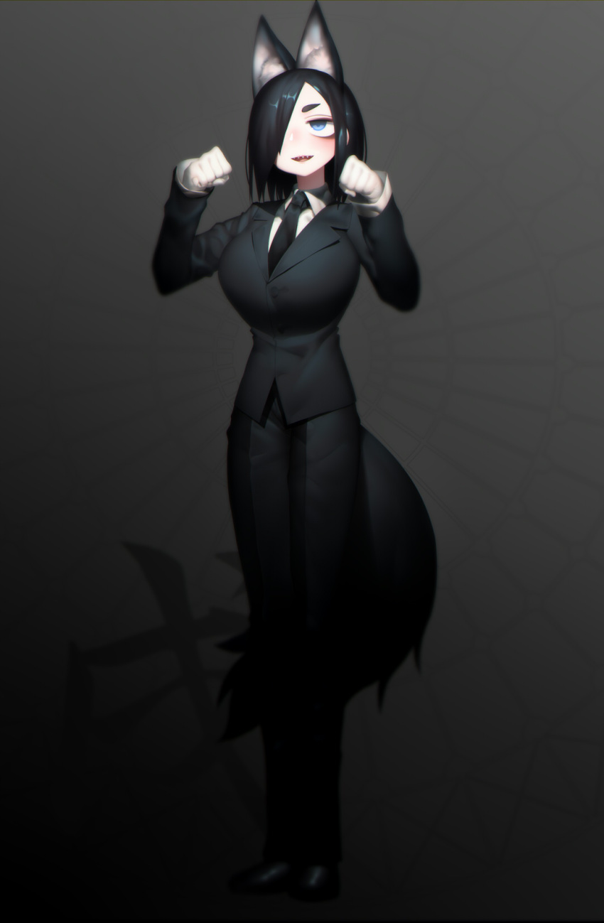 1girl :d animal_ears black_footwear black_hair black_jacket black_neckwear black_pants blue_eyes blush breasts business_suit collared_shirt commentary_request fangs formal full_body gloves grey_background hair_over_one_eye hands_up harau highres jacket large_breasts legs_together long_sleeves looking_at_viewer necktie open_mouth original pants paw_pose sharp_teeth shirt shoes short_hair smile solo standing suit tail teeth white_gloves white_shirt wing_collar wolf_ears wolf_tail