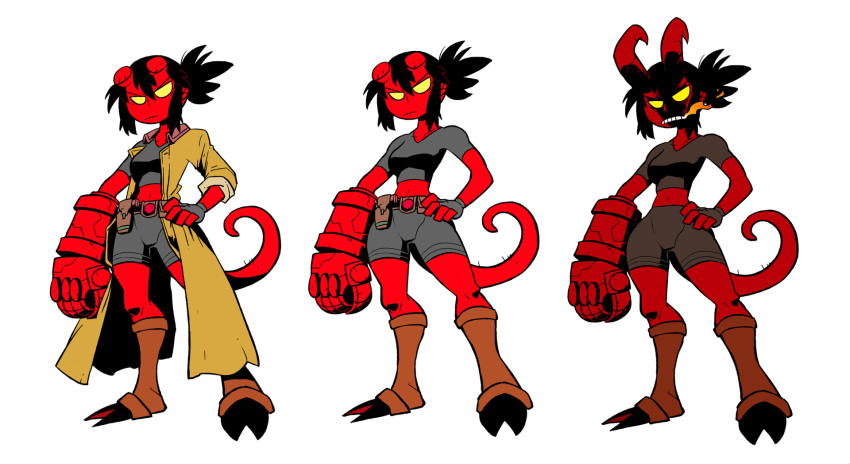 belt bike_shorts black_hair breathing_fire broken_horn demon demon_girl demon_tail fingerless_gloves fire genderswap genderswap_(mtf) gloves gun hand_on_hip hellboy hellboy_(comic) highres holster hooves horns jacket multiple_persona navel ponytail rariatto_(ganguri) red_skin sidelocks solo standing tail utility_belt weapon white_background yellow_eyes