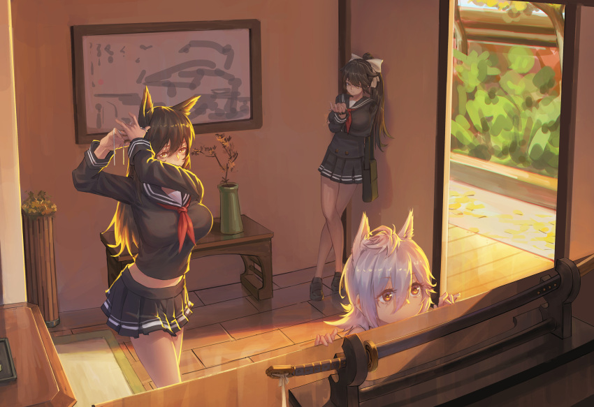 3girls adjusting_hair against_wall animal_ears atago_(azur_lane) azur_lane bag black_skirt bow breasts brown_hair fox_ears hair_bow handbag highres inside katana large_breasts long_hair maya_(azur_lane) multiple_girls plant potted_plant school_uniform sheath sheathed skirt sword takao_(azur_lane) weapon white_bow wooden_floor xian_yu_mo_ren