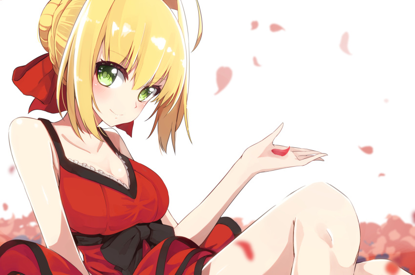 1girl ahoge bangs black_bow blonde_hair blurry blurry_background blush bow breasts cleavage closed_mouth commentary_request depth_of_field dress eyebrows_visible_through_hair fate/grand_order fate_(series) green_eyes hair_between_eyes hair_bow hair_bun hair_intakes hand_up highres large_breasts looking_at_viewer nero_claudius_(fate) nero_claudius_(fate)_(all) okota_mikan petals red_bow red_dress sidelocks sitting sleeveless sleeveless_dress smile solo white_background