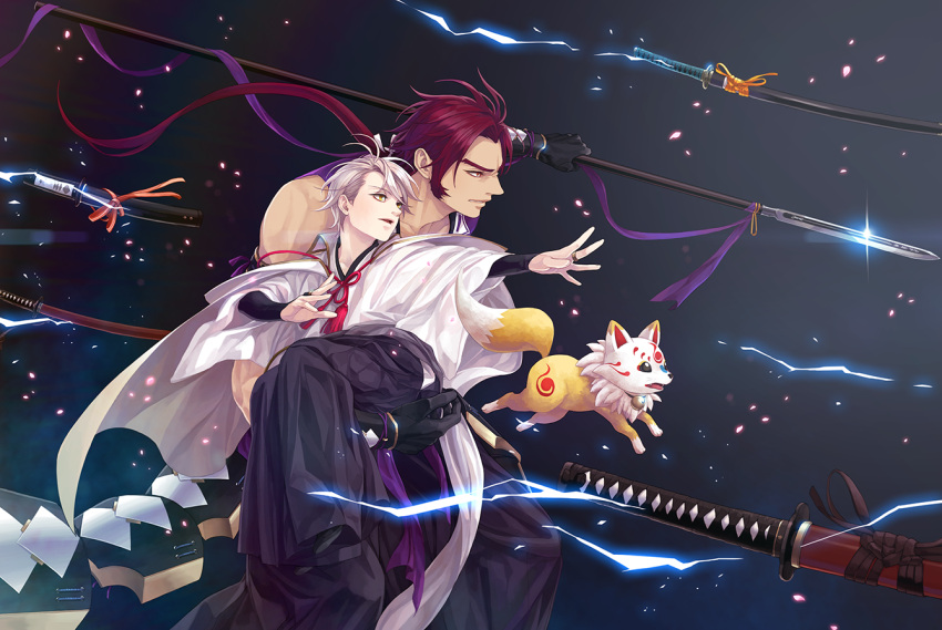 1boy androgynous black_gloves carrying fox gloves hakama japanese_clothes katana katsugeki/touken_ranbu konnosuke male_focus polearm ponytail redhead saniwa_(katsugeki/touken_ranbu) saniwa_(touken_ranbu) sheath sheathed sword tantou tonbokiri_(touken_ranbu) touken_ranbu twoframe wakizashi weapon white_hair yari yellow_eyes