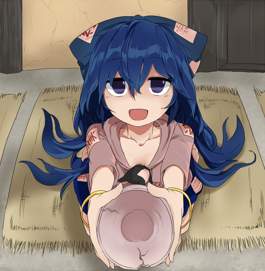1girl bangle barefoot blue_bow blue_eyes blue_hair bow bowl bracelet breasts broken collarbone downblouse foreshortening full_body hair_between_eyes hair_bow highres holding hood hoodie indoors jewelry long_hair looking_at_viewer open_mouth reaching_out sitting small_breasts smile solo stuffed_animal stuffed_cat stuffed_toy touhou tyouseki very_long_hair wariza yorigami_shion