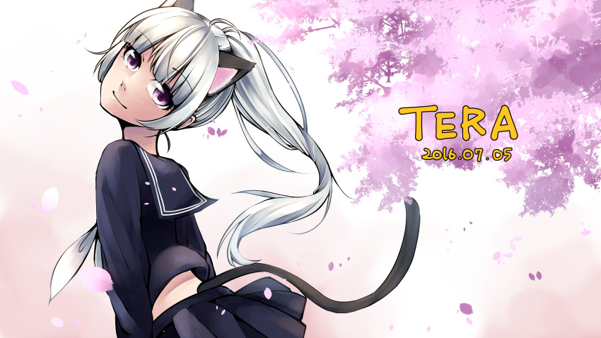 1girl 2016 absurdres animal_ears artist_request black_shirt black_skirt cat_ears cat_tail cherry_blossoms copyright_name dated elin_(tera) from_behind head_tilt highres long_hair looking_back petals ponytail school_uniform serafuku shirt silver_hair skirt smile solo tail tera_online tree upper_body violet_eyes wind wind_lift