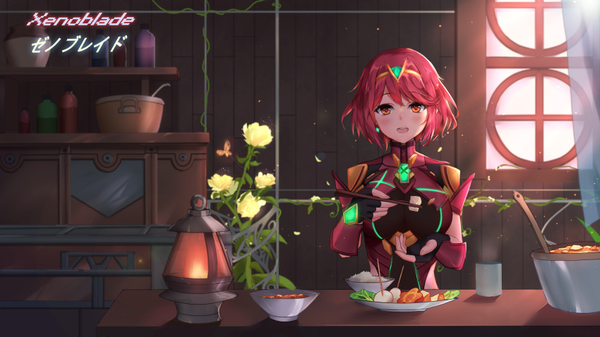 1girl blush breasts chopsticks fingerless_gloves food gloves pyra_(xenoblade) jewelry large_breasts looking_at_viewer open_mouth red_eyes redhead short_hair smile solo tiara widow xenoblade xenoblade_2 yoruciel