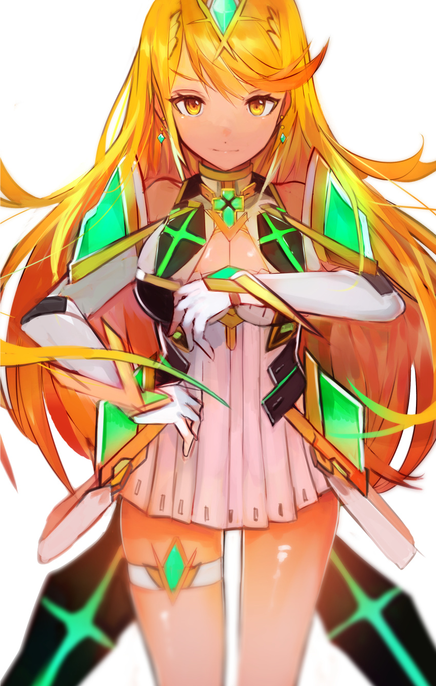 1girl absurdres armor blonde_hair blush breasts cleavage dress gloves highres mythra_(xenoblade) large_breasts long_hair looking_at_viewer simple_background smile solo tarbo_(exxxpiation) white_background xenoblade xenoblade_2 yellow_eyes