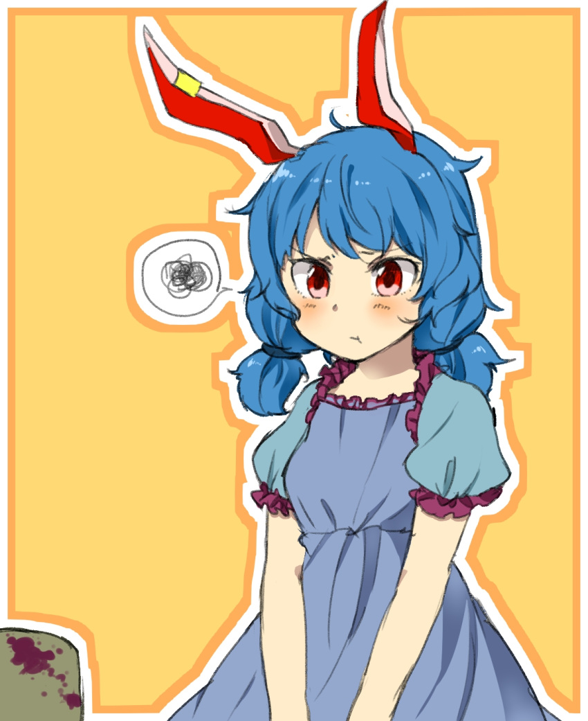 1girl animal_ears blue_dress blue_hair blush closed_mouth dress ear_piercing embarrassed highres looking_at_viewer orange_background outline piercing pout puffy_short_sleeves puffy_sleeves rabbit_ears red_eyes sasa_kichi seiran_(touhou) short_sleeves simple_background solo speech_bubble spoken_squiggle squiggle touhou upper_body